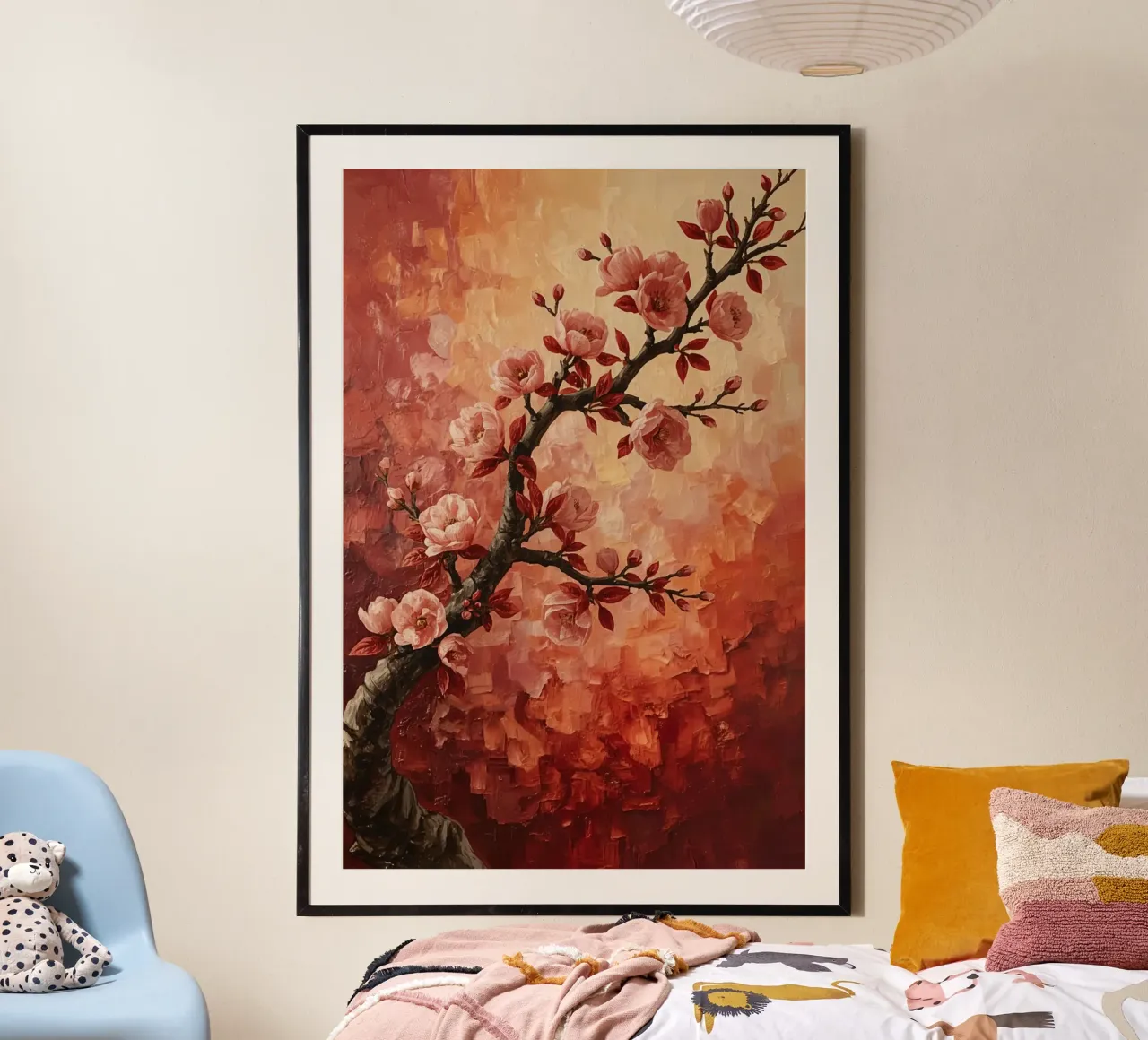 Pittura a olio di ramo in fiore con foglie rosse poster da DesignDoodle