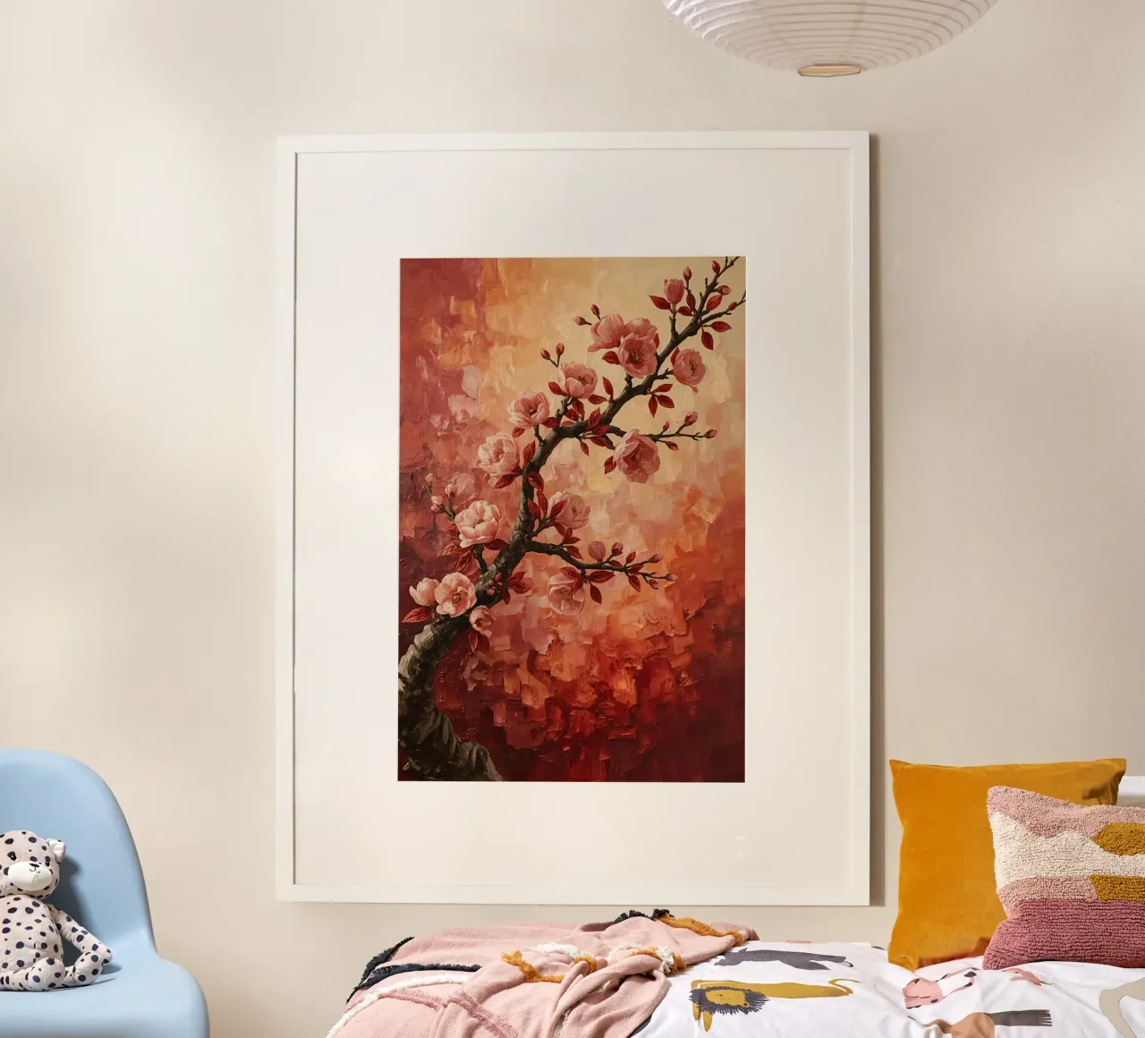 Pittura a olio di ramo in fiore con foglie rosse poster da DesignDoodle