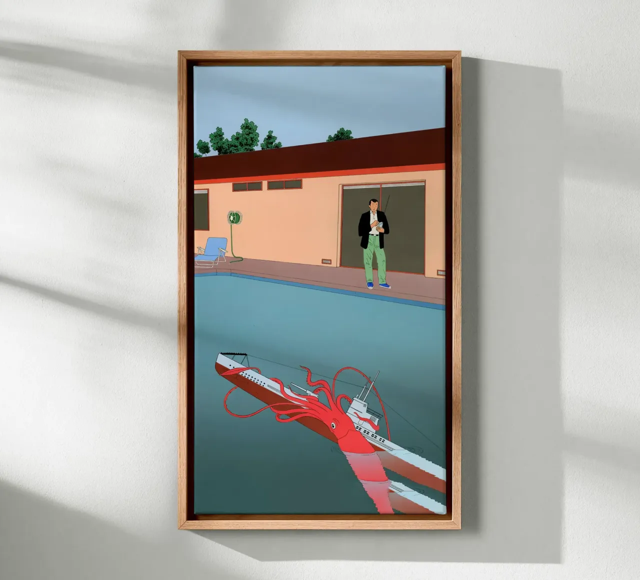 Oktopus U-Boot Pop Art, Surrealismus, Lustig Leinwand mit Schattenfugenrahmen von NorwesClub