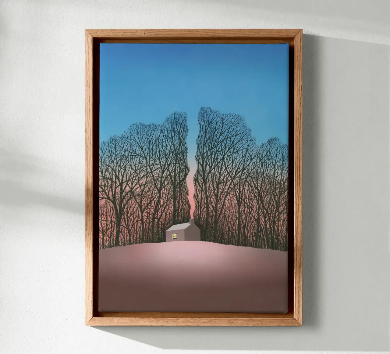 Lonely Cabin Surrealist Art, Moody Landscape canvas with Floater frame by NorwesClub