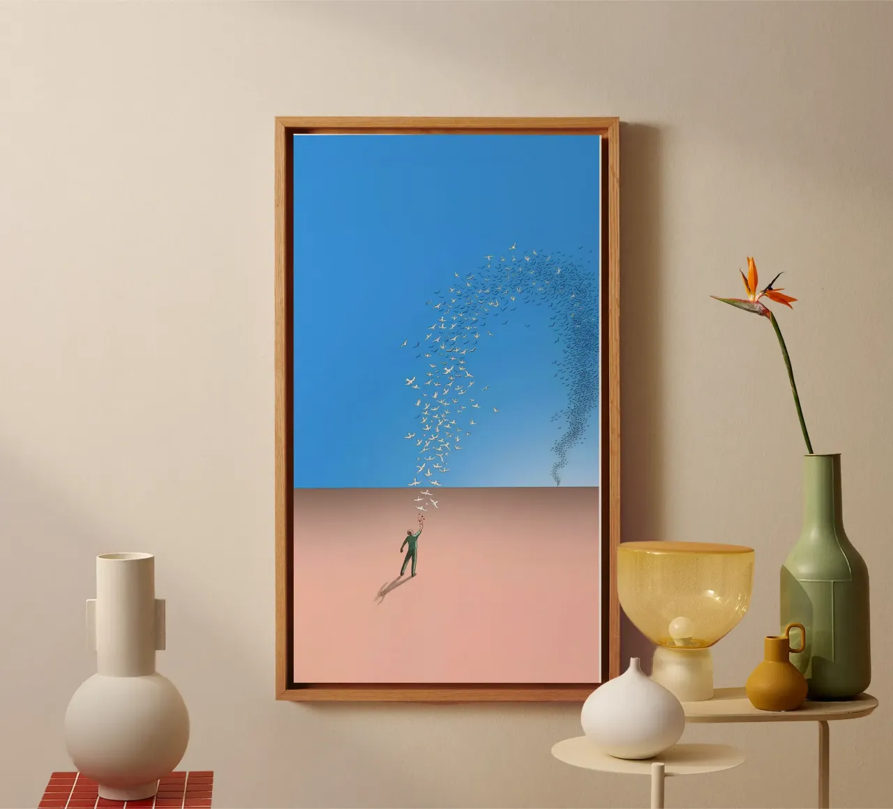 Man Releasing Birds Art, Surrealism, Freedom canvas with Floater frame by NorwesClub