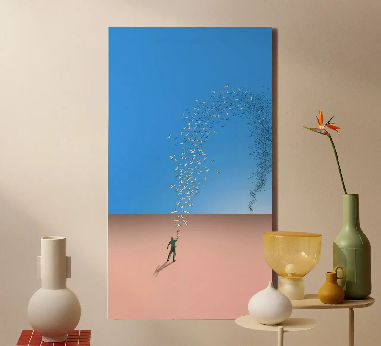 Man Releasing Birds Art, Surrealism, Freedom canvas with Floater frame by NorwesClub