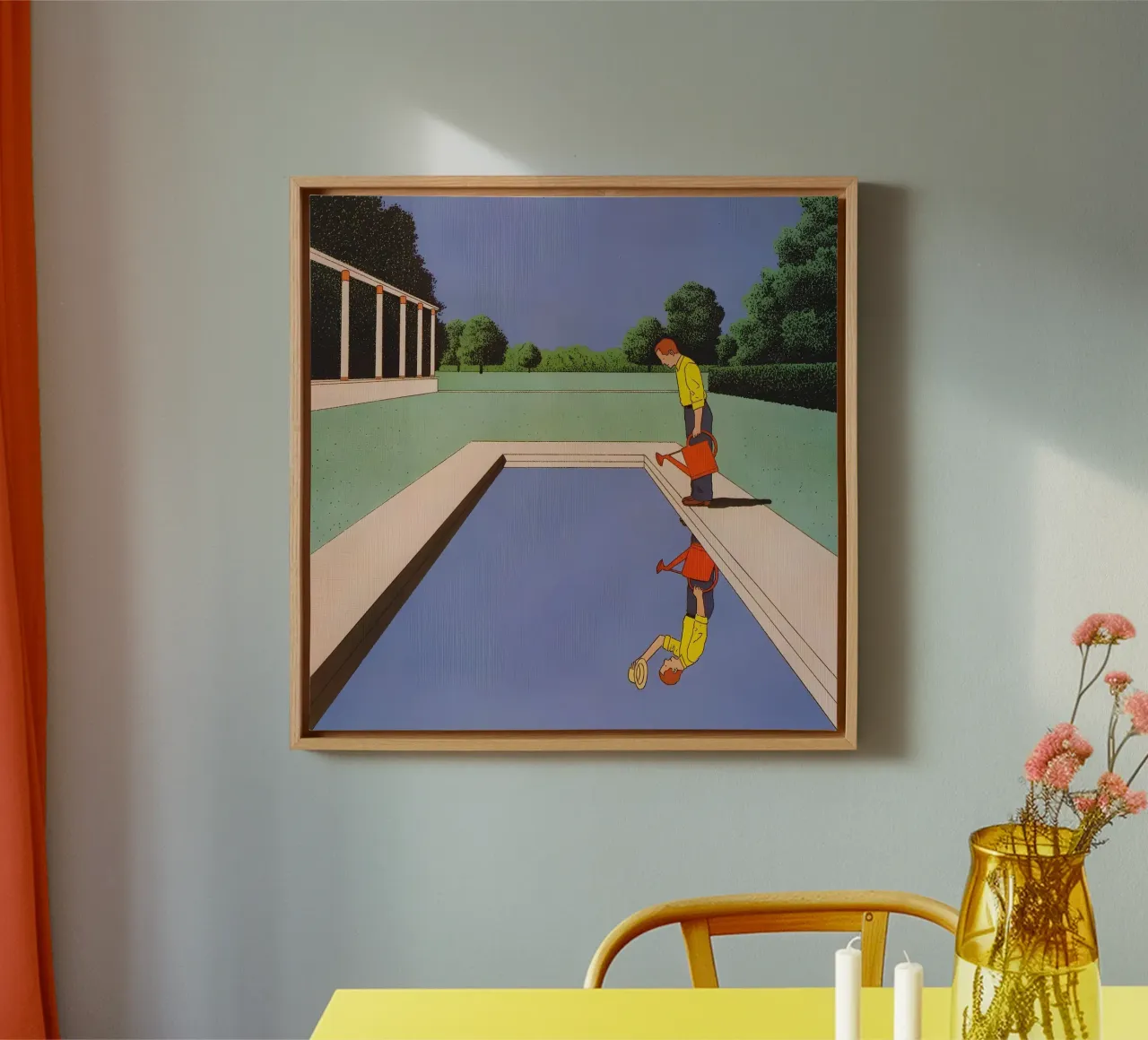 Man die een zwembad bewatert Kunst, Surrealisme, Pop Art canvas met Baklijst van NorwesClub