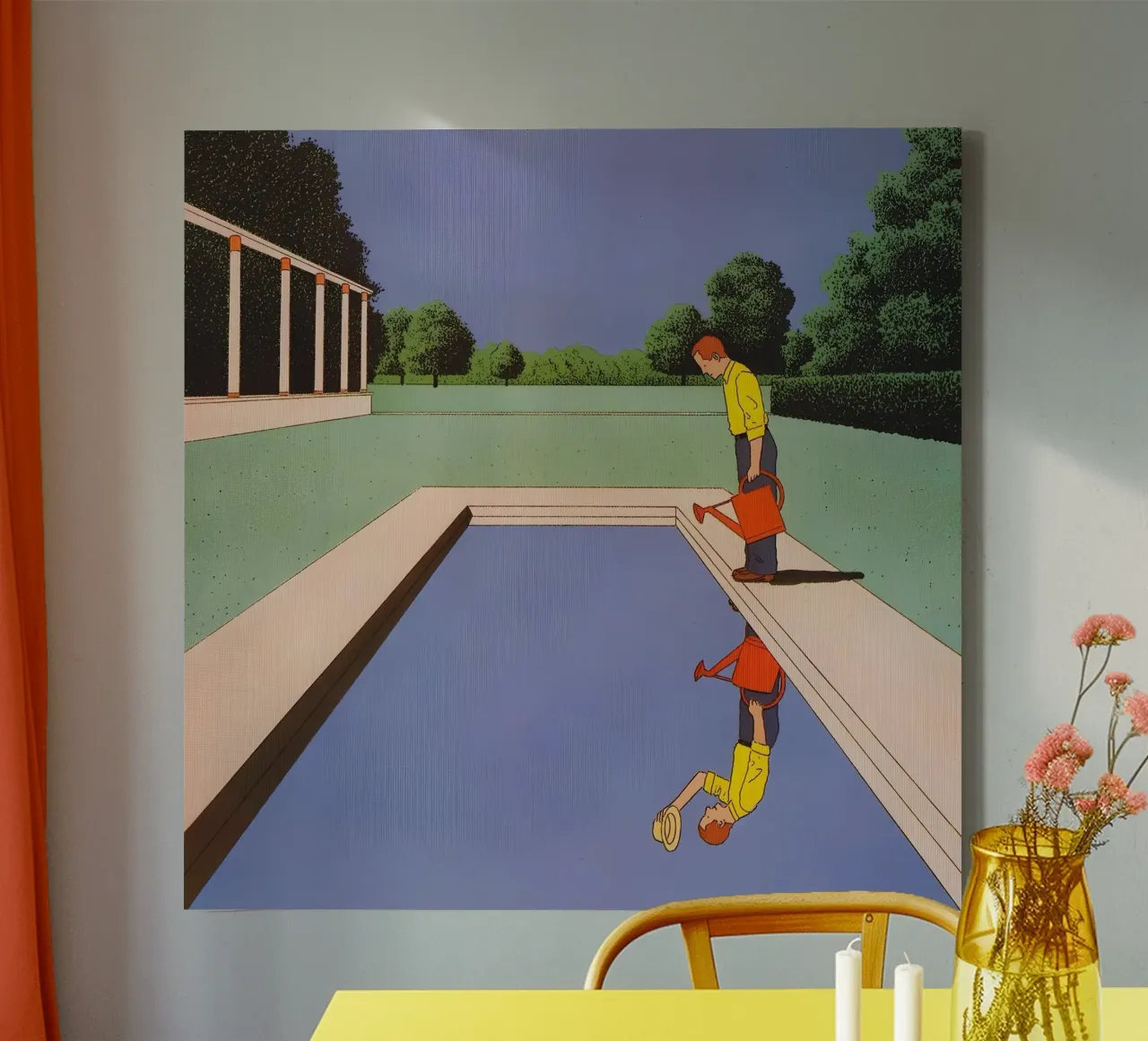 Man die een zwembad bewatert Kunst, Surrealisme, Pop Art canvas met Baklijst van NorwesClub