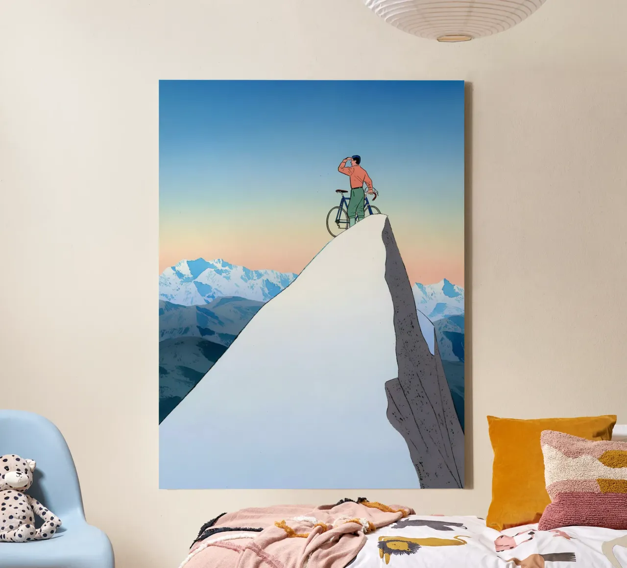 Cyclist on Mountain Peak, Surrealist, Adventure canvas with Floater frame by NorwesClub