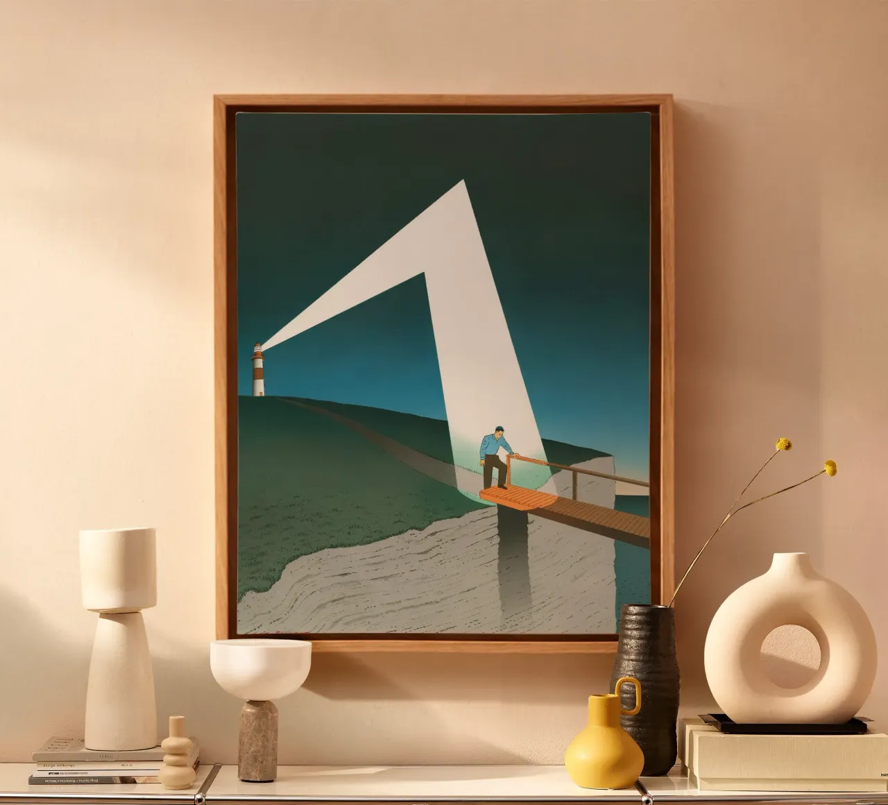 Lighthouse Light Bridge Art, Surrealism, Hope canvas with Floater frame by NorwesClub