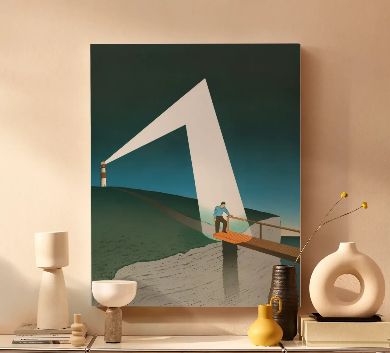 Lighthouse Light Bridge Art, Surrealism, Hope canvas with Floater frame by NorwesClub