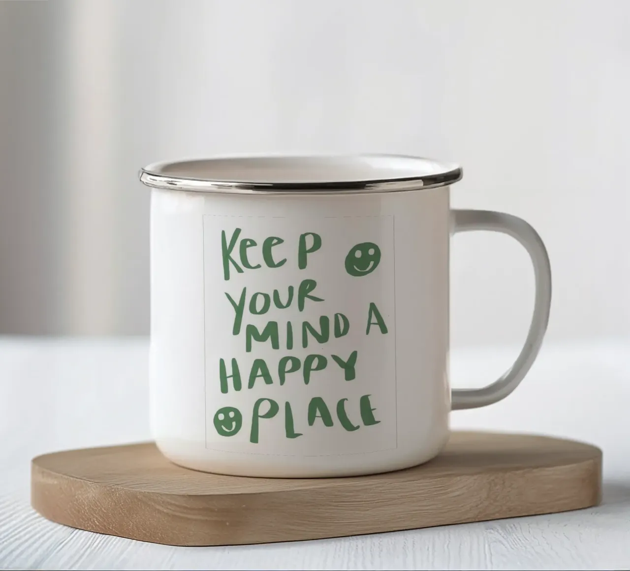 mantenere la mente in un luogo felice tazza in smalto da art quots shop