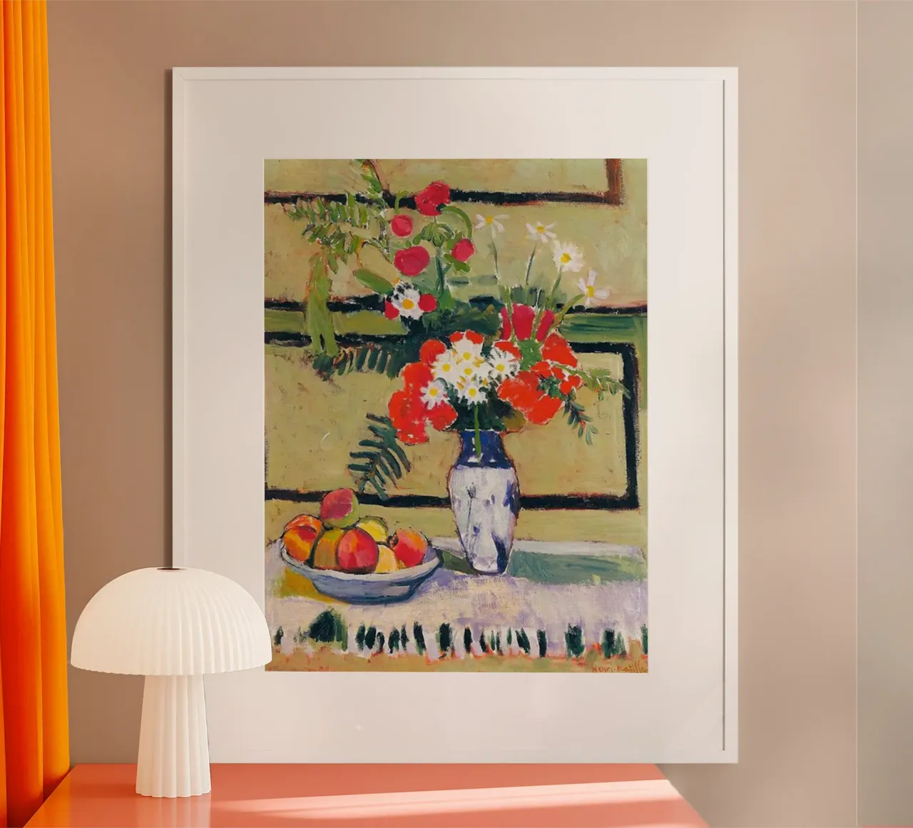 vaso di fiori e frutta sul tavolo poster con telaio in plastica da briyan shop