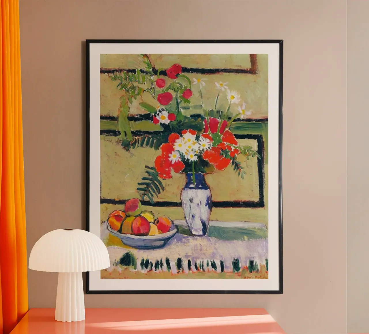 vaso di fiori e frutta sul tavolo poster con telaio in plastica da briyan shop