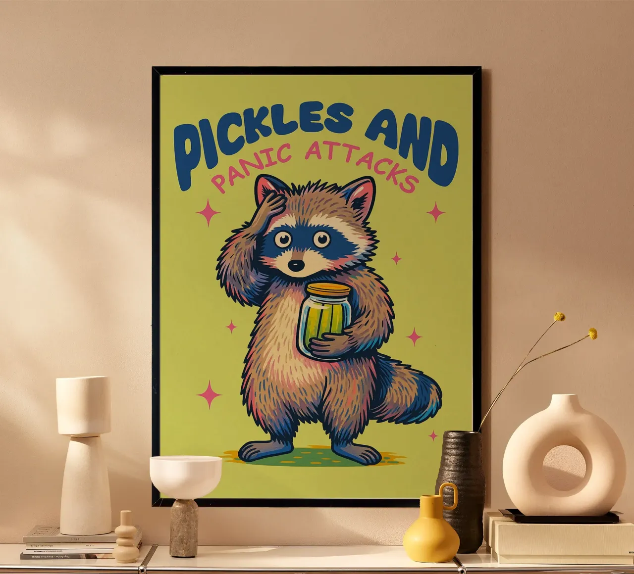 attacchi di sottaceti e panico poster con telaio in legno da paroongs