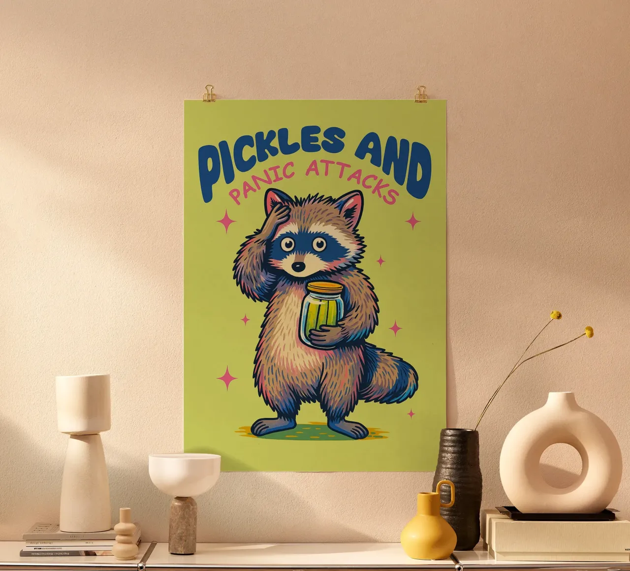 attacchi di sottaceti e panico poster con telaio in legno da paroongs