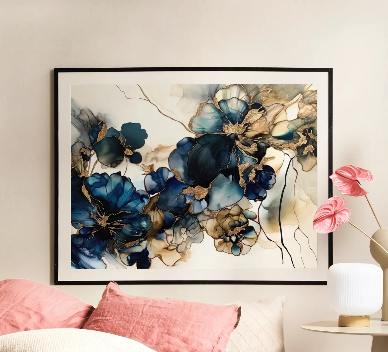 Fiori blu oro I poster con telaio in plastica da June Jordan