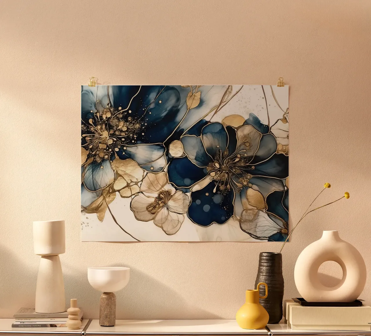 Fiori blu oro V poster con telaio in plastica da June Jordan