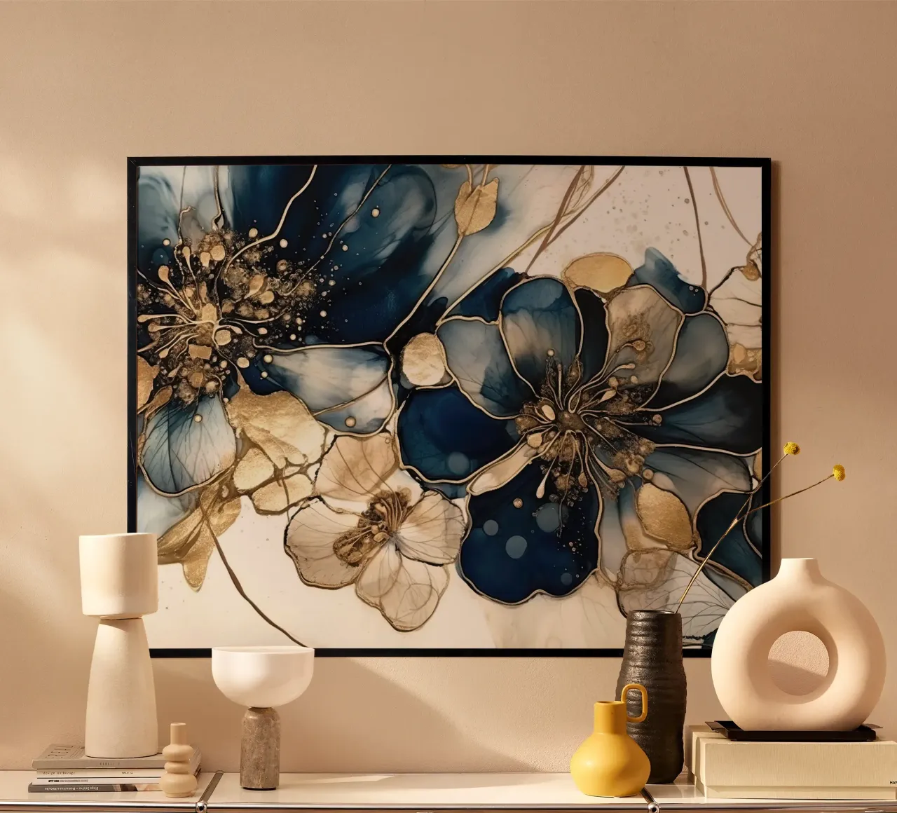 Fiori blu oro V poster con telaio in plastica da June Jordan
