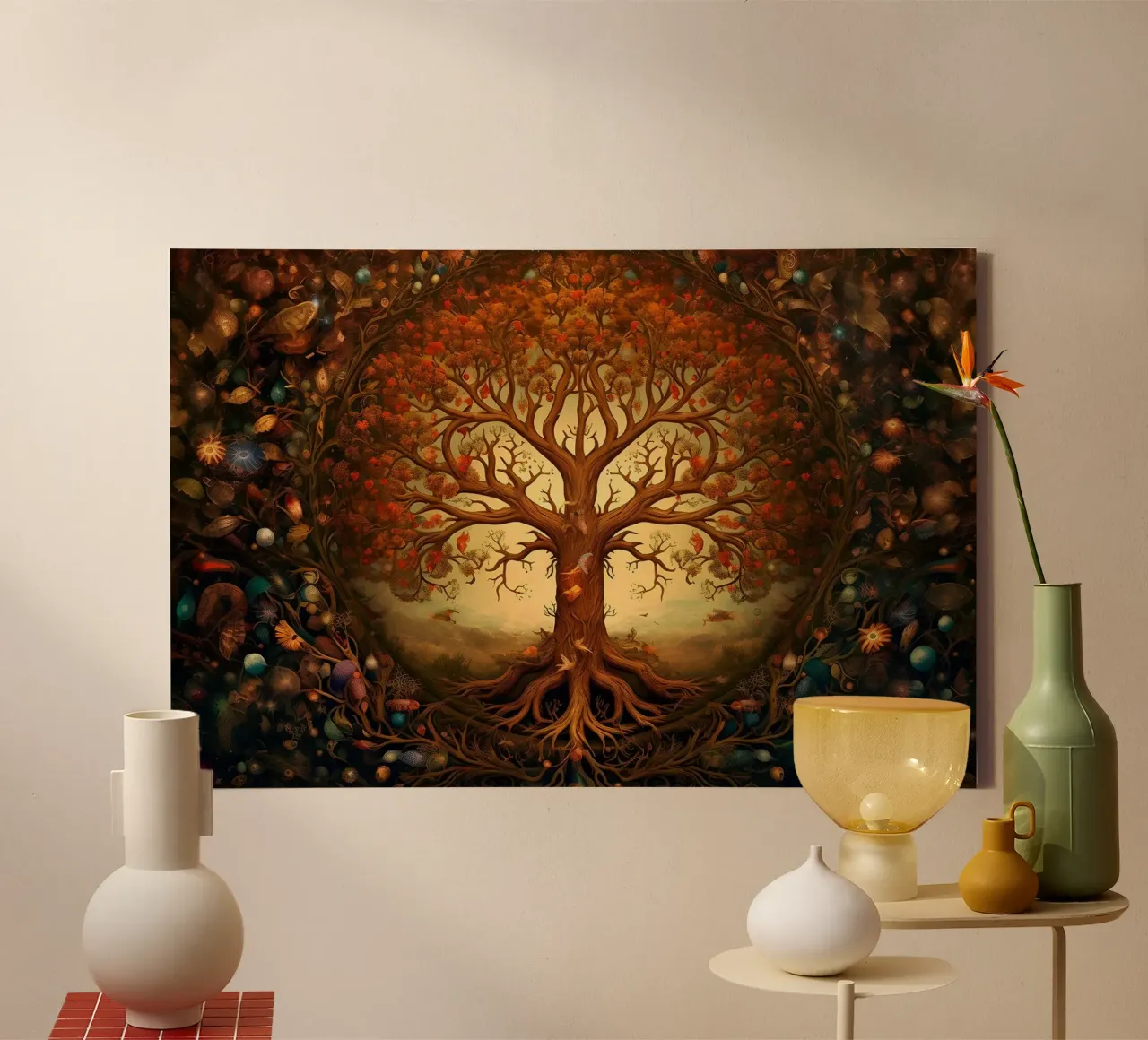 Herbstlicher Lebensbaum Leinwand mit Schattenfugenrahmen von John Boss