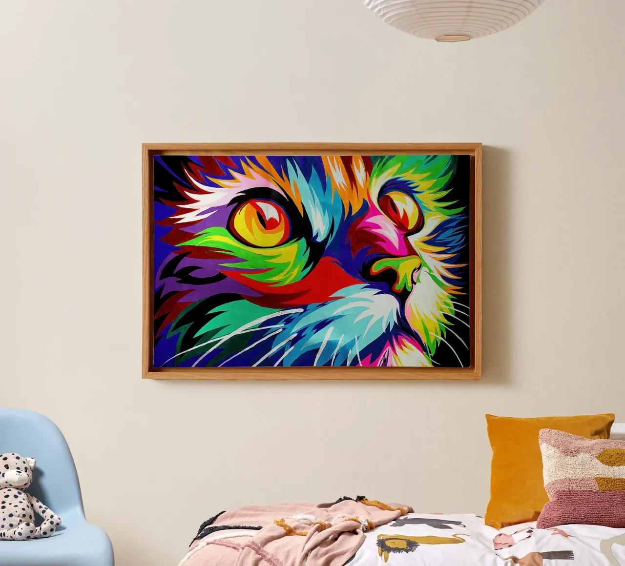 Abstrakte Regenbogenkatze Leinwand mit Schattenfugenrahmen von John Boss