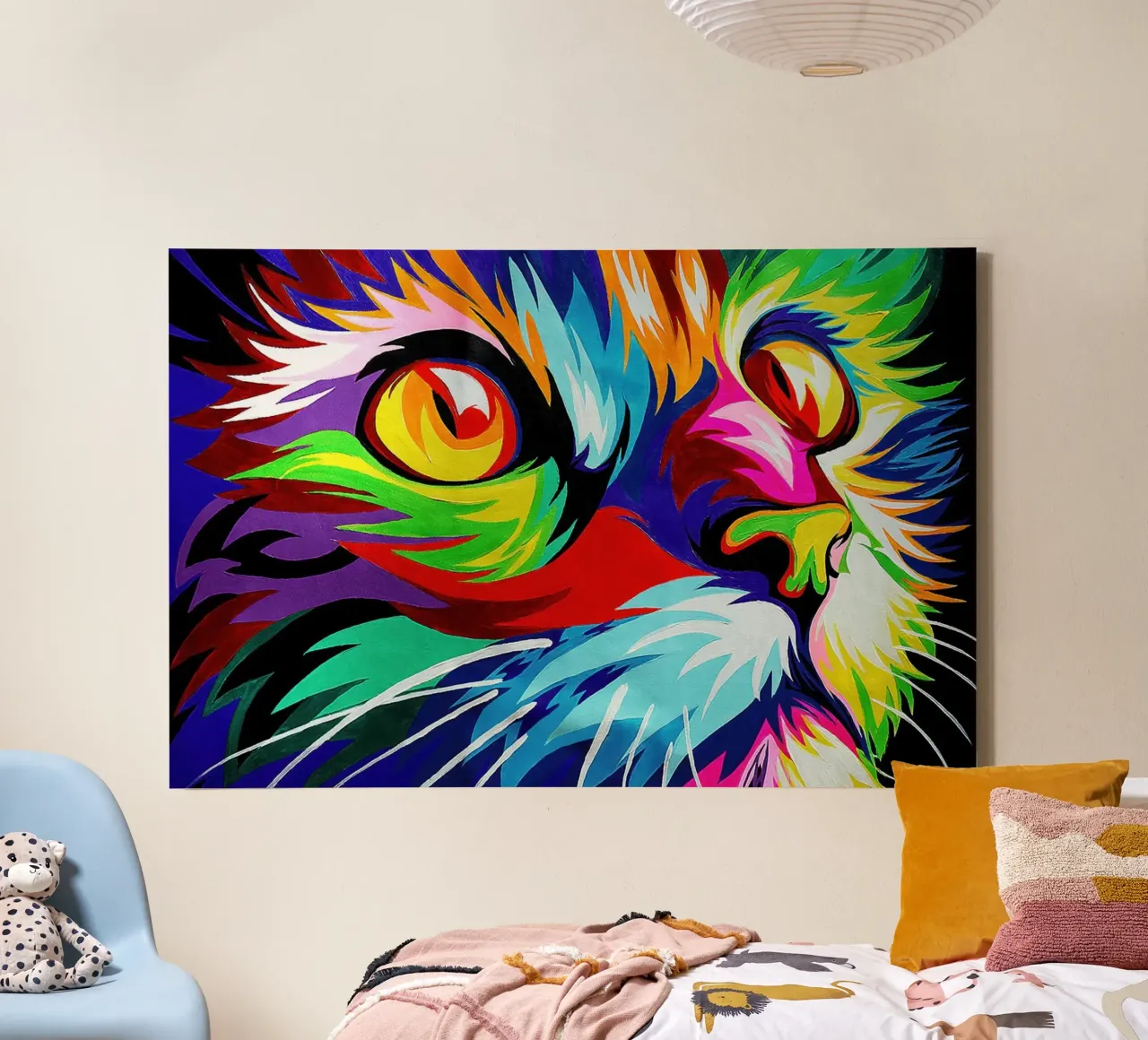 Abstrakte Regenbogenkatze Leinwand mit Schattenfugenrahmen von John Boss