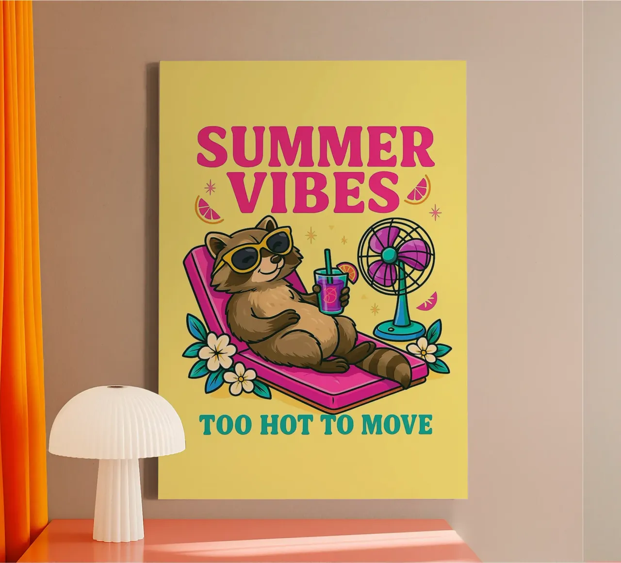 mapache summer vibes lienzo con Marco flotante de paroongs