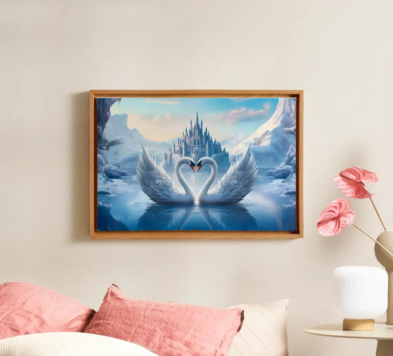 Liebende Schwäne von Bettina Dittmann Leinwand mit Schattenfugenrahmen von John Boss