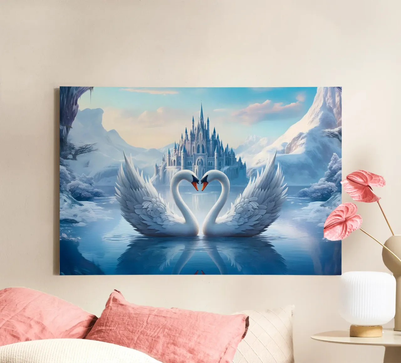 Liebende Schwäne von Bettina Dittmann Leinwand mit Schattenfugenrahmen von John Boss