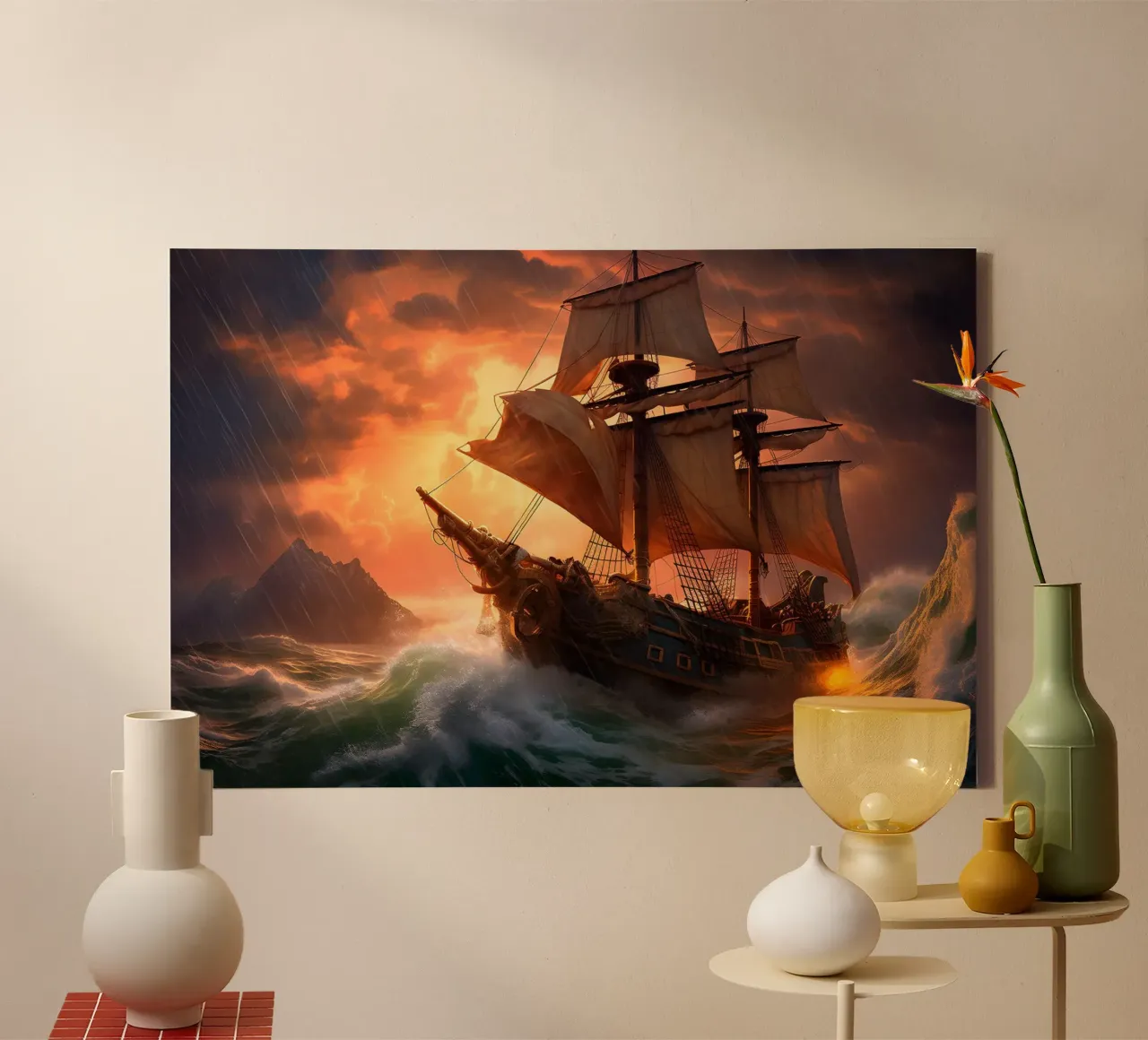 Segelschiff auf dem mystischen Meer Leinwand mit Schattenfugenrahmen von John Boss