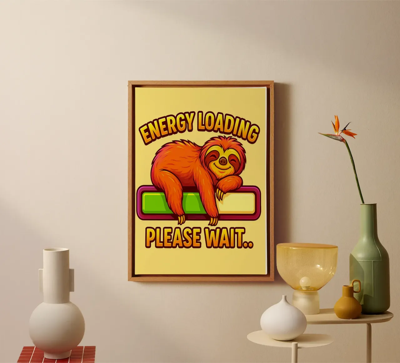 energy loading please waitt sloth canvas with Floater frame by bojoonxs