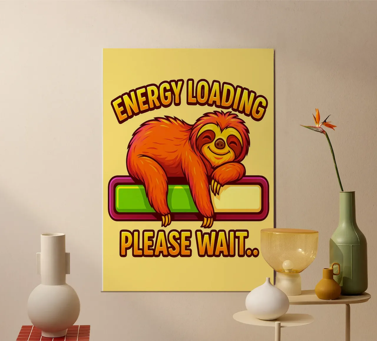carico di energia per favore aspetta il bradipo poster con telaio in legno da bojoonxs