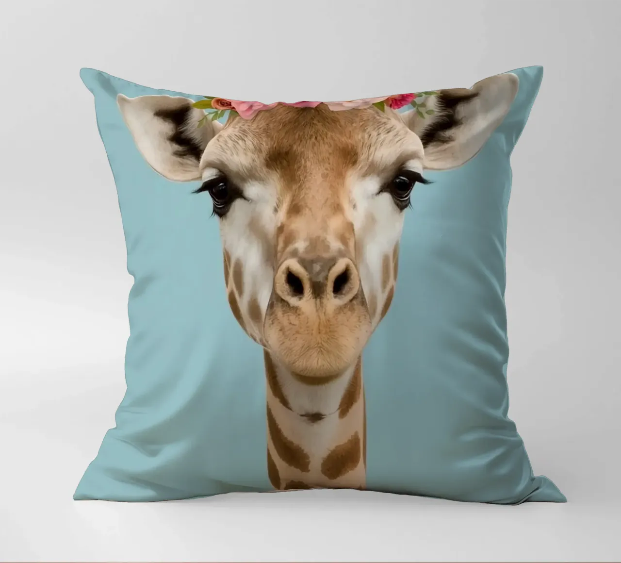 Testa e collo di giraffa con corona floreale cuscino da DesignDoodle