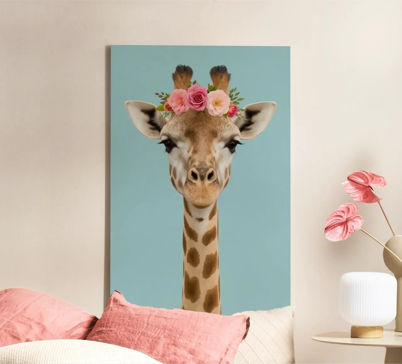 Testa e collo di giraffa con corona floreale tela con Cornice a cassetta da DesignDoodle