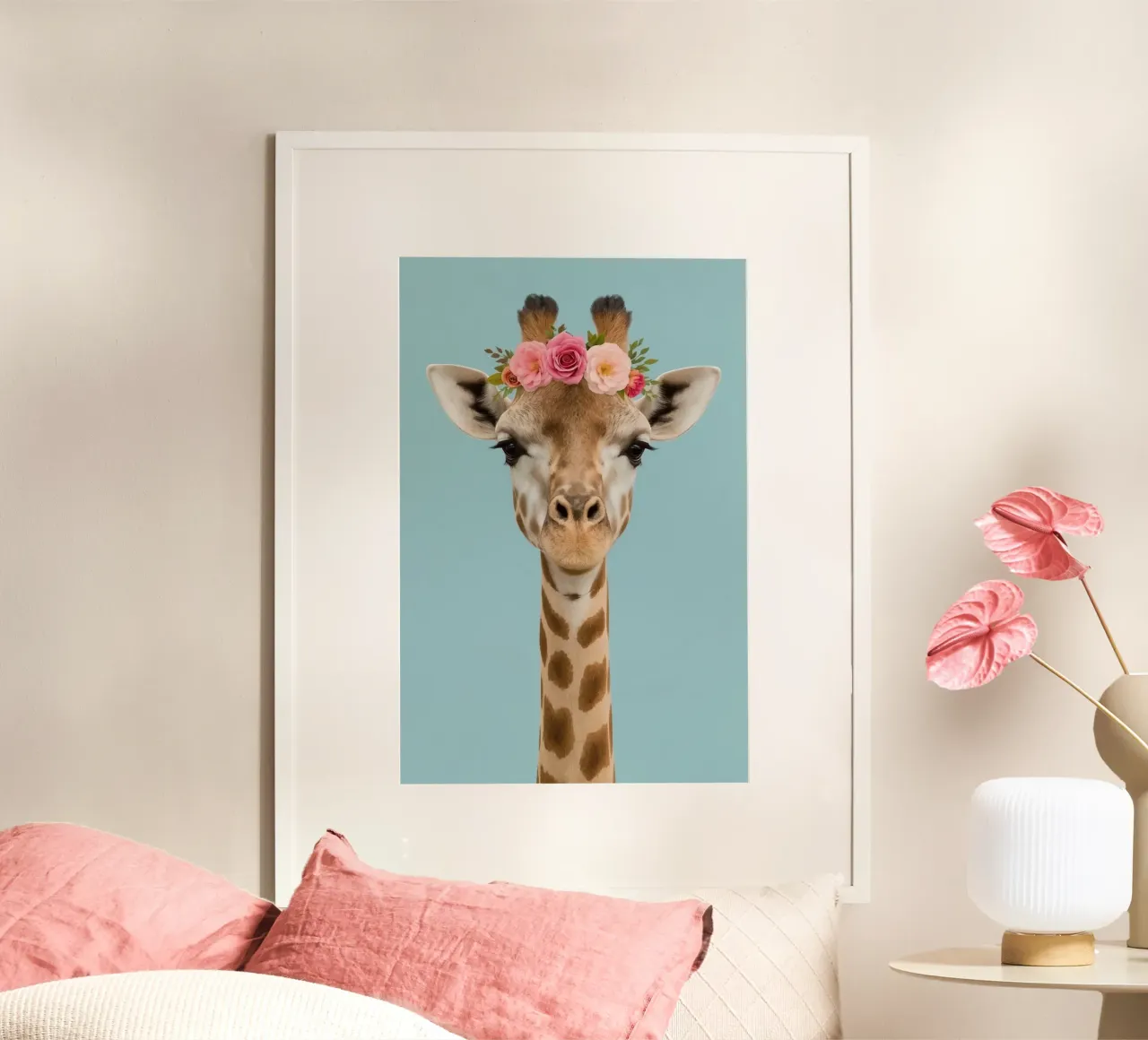 Testa e collo di giraffa con corona floreale poster da DesignDoodle