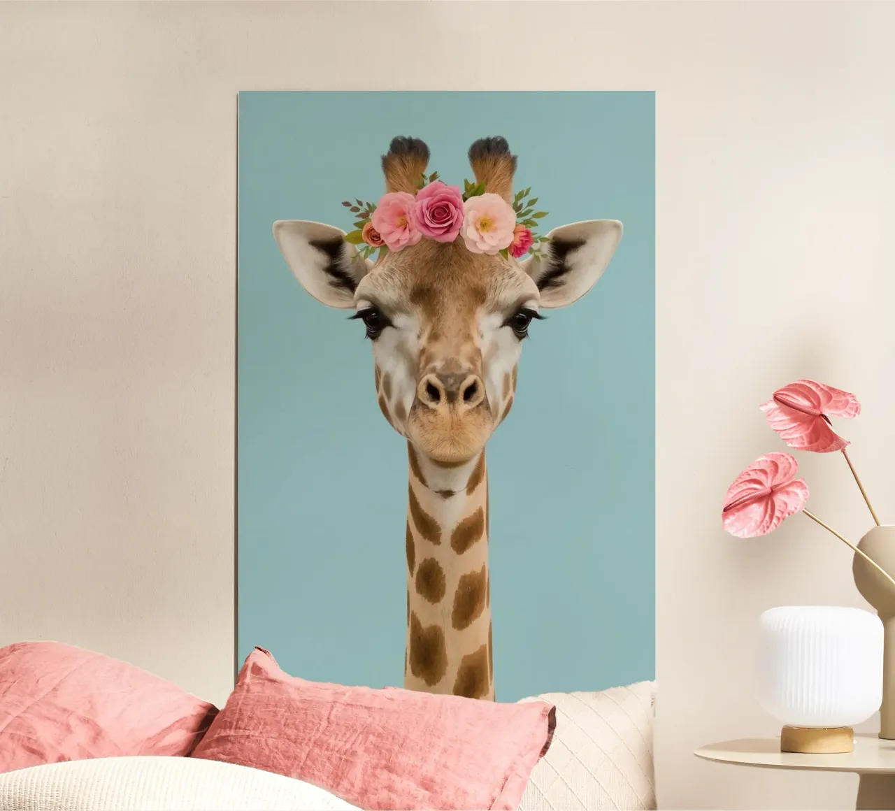 Testa e collo di giraffa con corona floreale poster da DesignDoodle