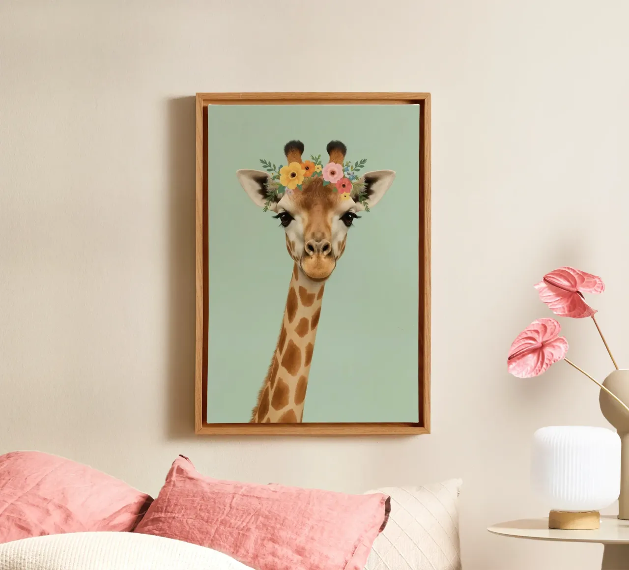 Giraffe Portrait with Flower Crown on Light Green Background canvas with Floater frame by DesignDoodle