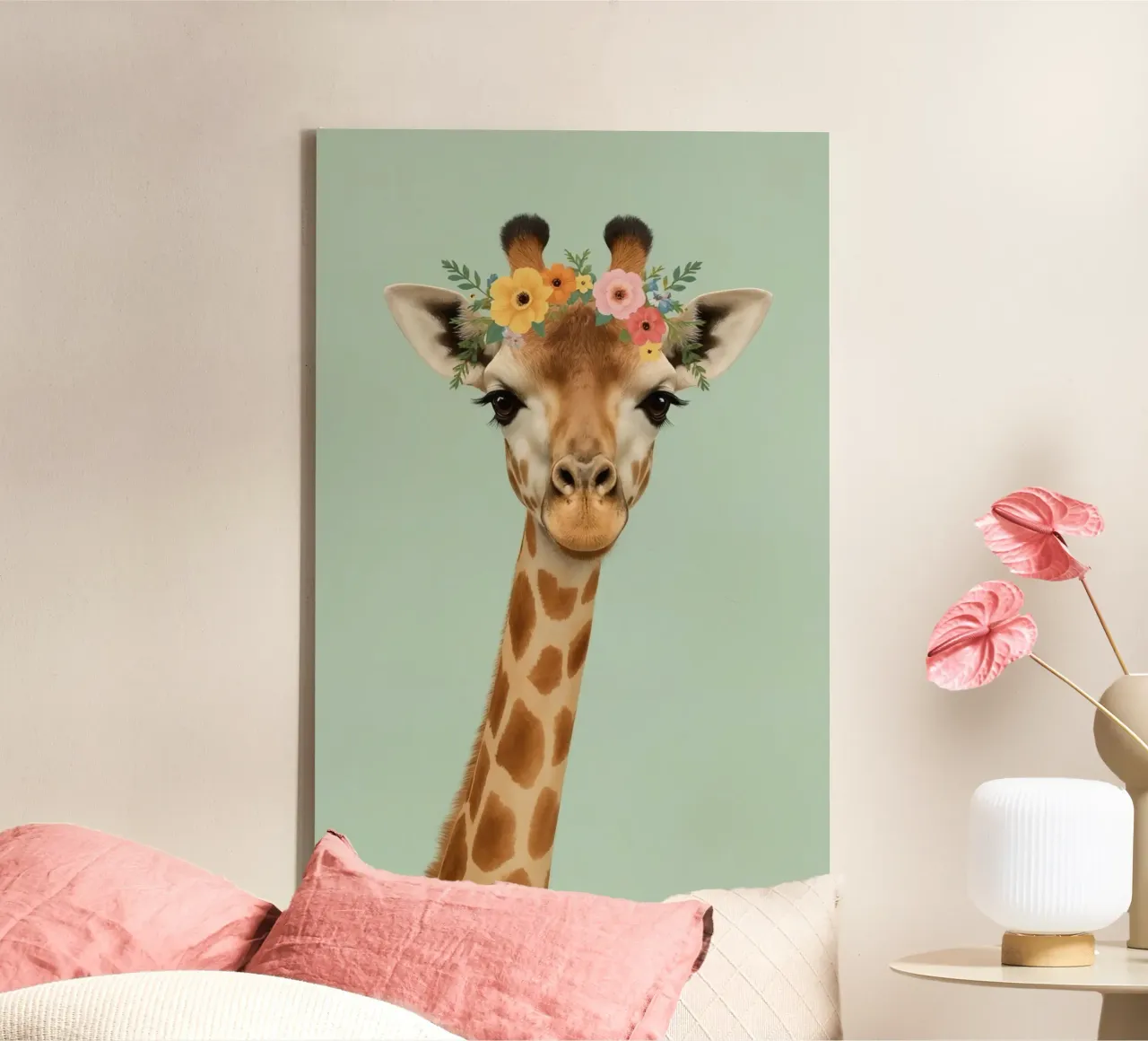 Giraffe Portrait with Flower Crown on Light Green Background canvas with Floater frame by DesignDoodle