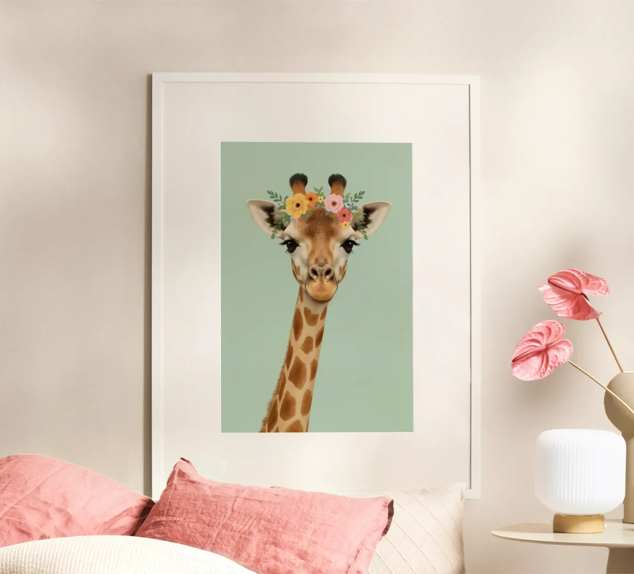 Ritratto di giraffa con corona di fiori su sfondo verde chiaro poster da DesignDoodle
