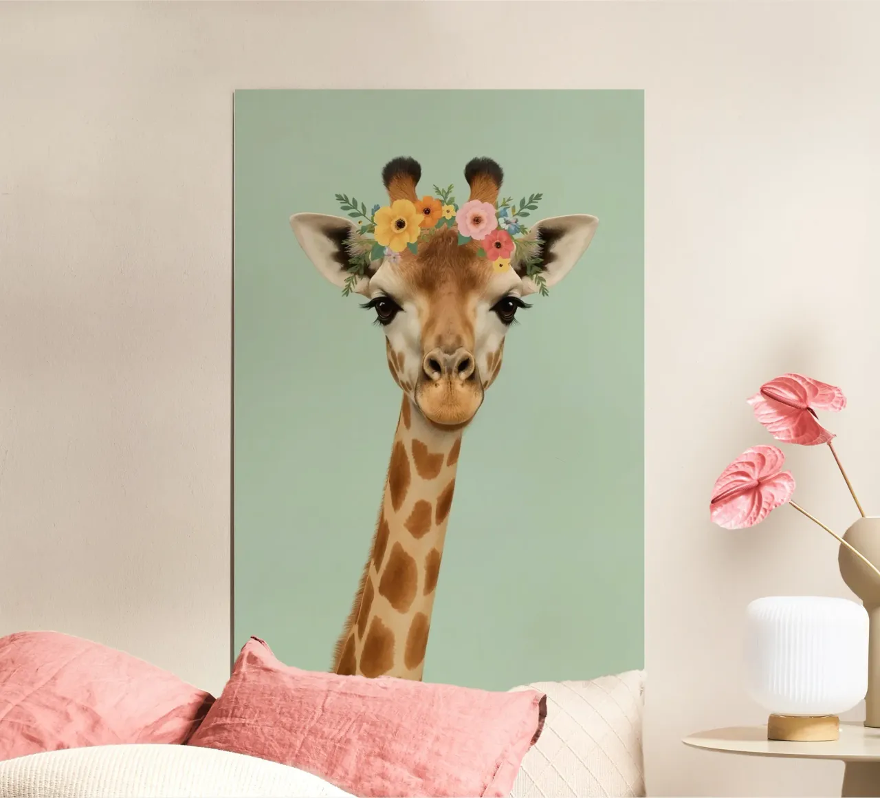 Ritratto di giraffa con corona di fiori su sfondo verde chiaro poster da DesignDoodle