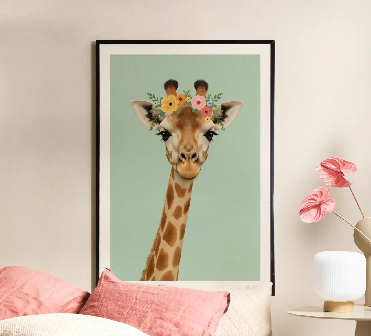 Ritratto di giraffa con corona di fiori su sfondo verde chiaro poster da DesignDoodle