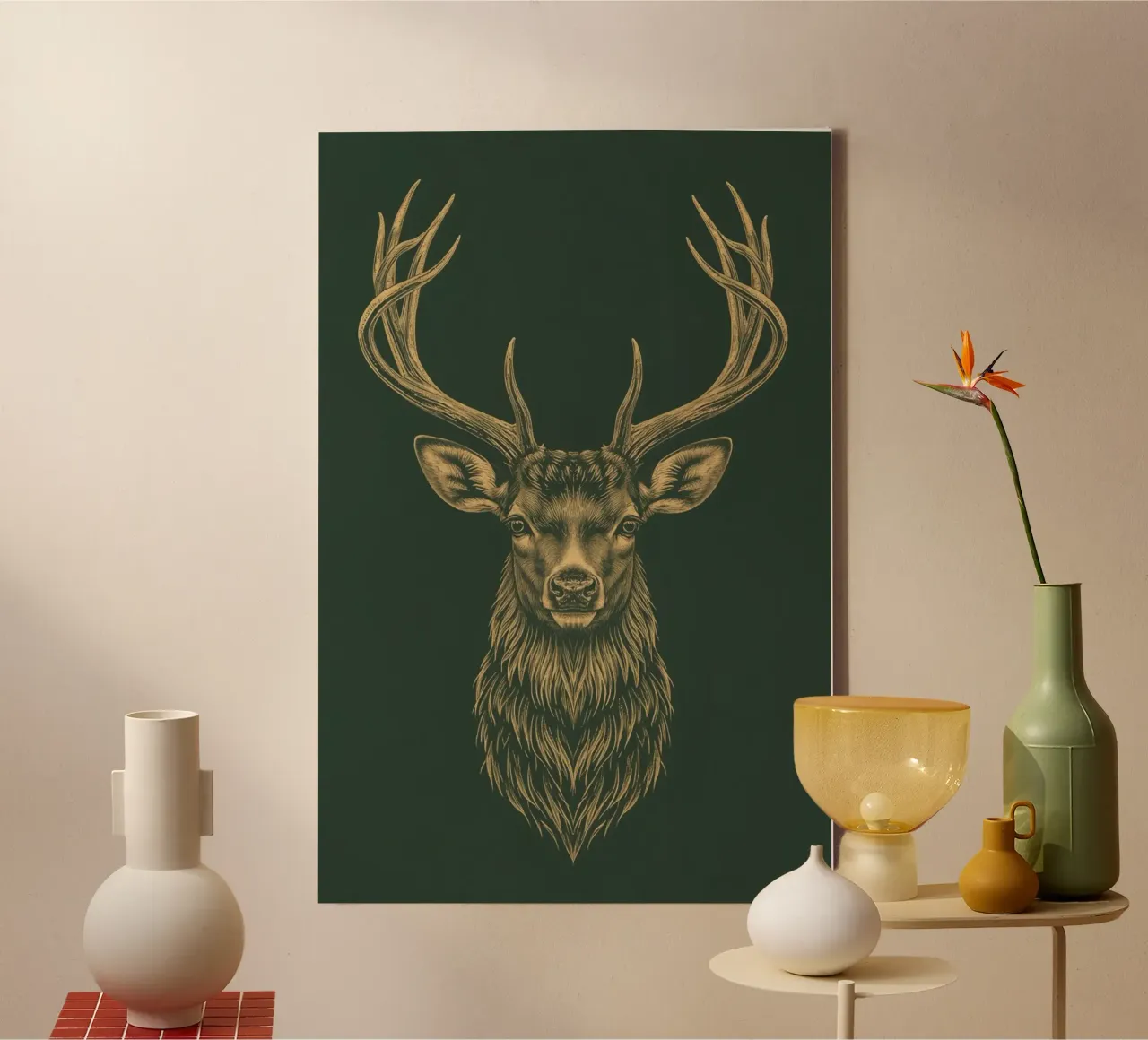 Illustrazione di una testa di cervo con le corna tela con Cornice a cassetta da DesignDoodle