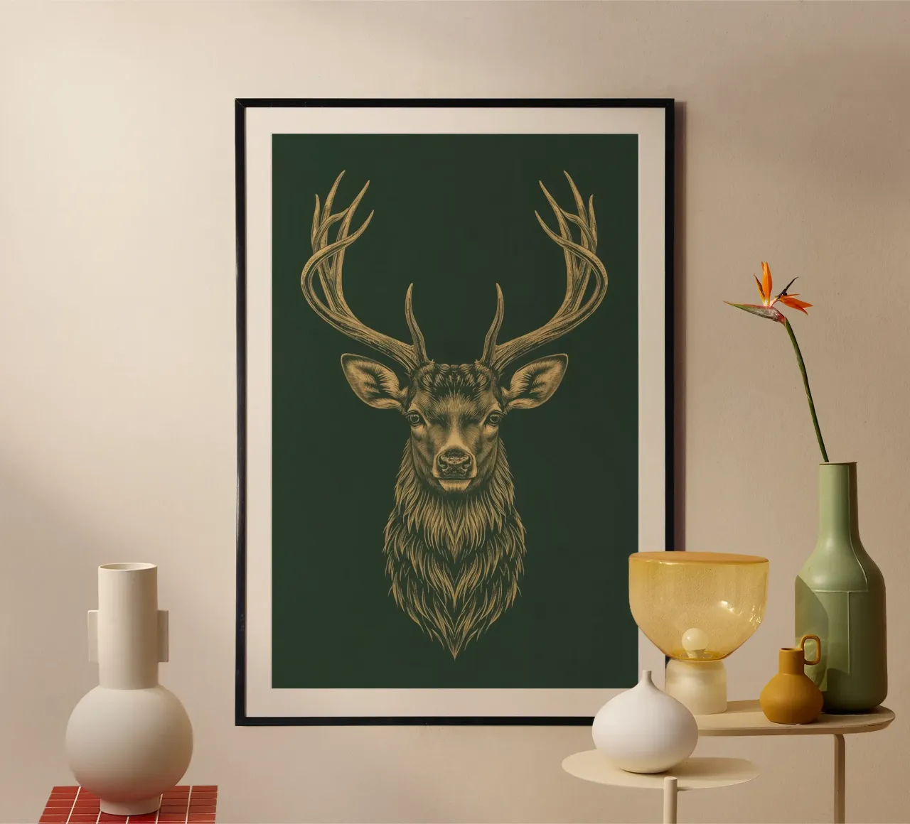 Illustrazione di una testa di cervo con le corna poster con telaio in plastica da DesignDoodle