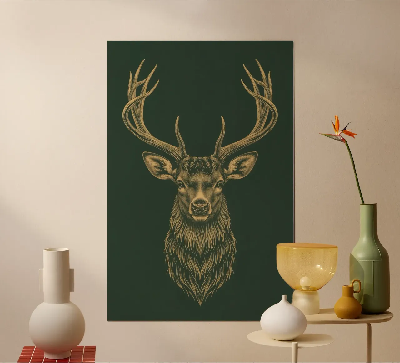 Illustrazione di una testa di cervo con le corna poster con telaio in plastica da DesignDoodle