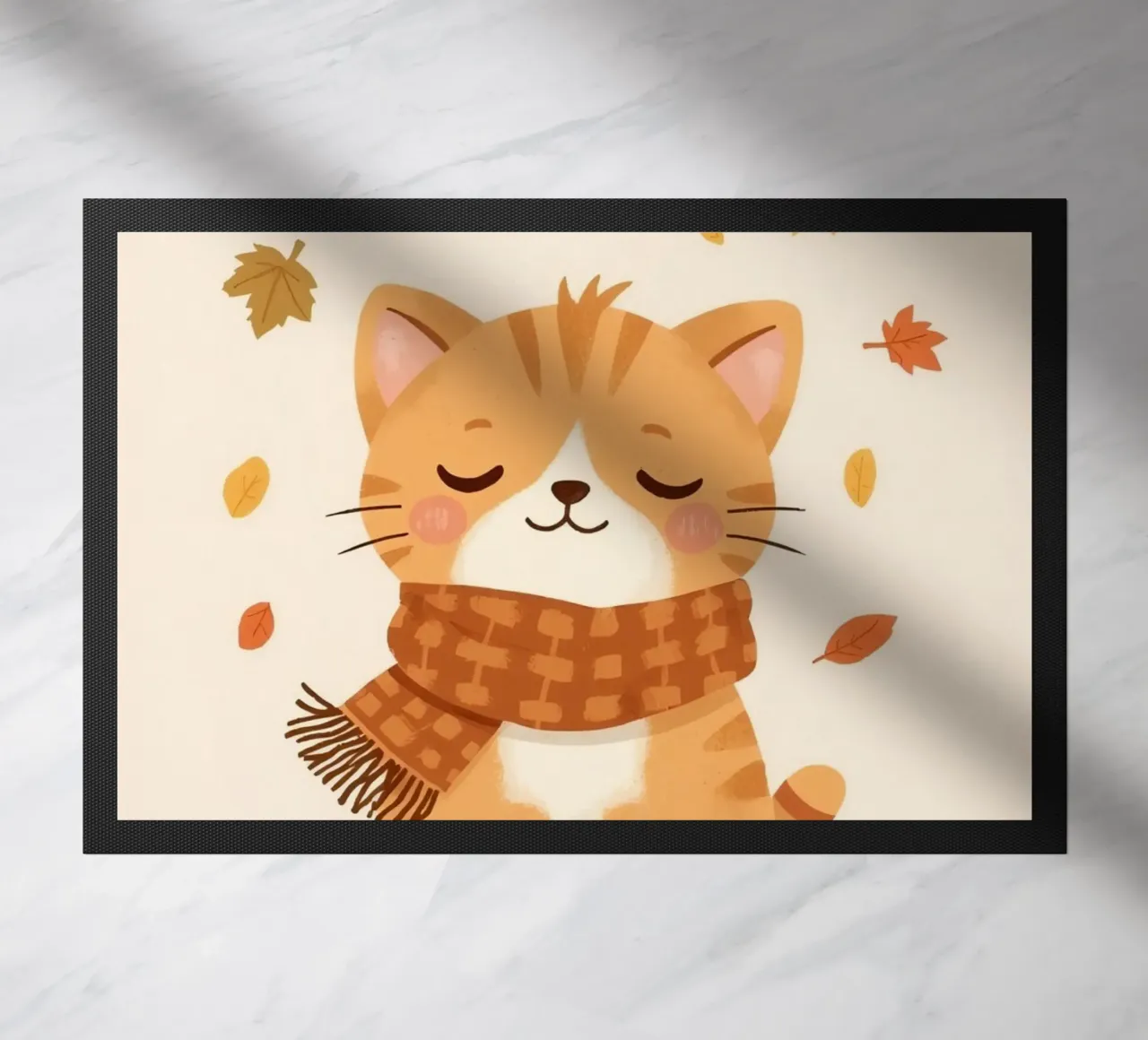 Gatto arancione con sciarpa e foglie d'autunno zerbino da DesignDoodle