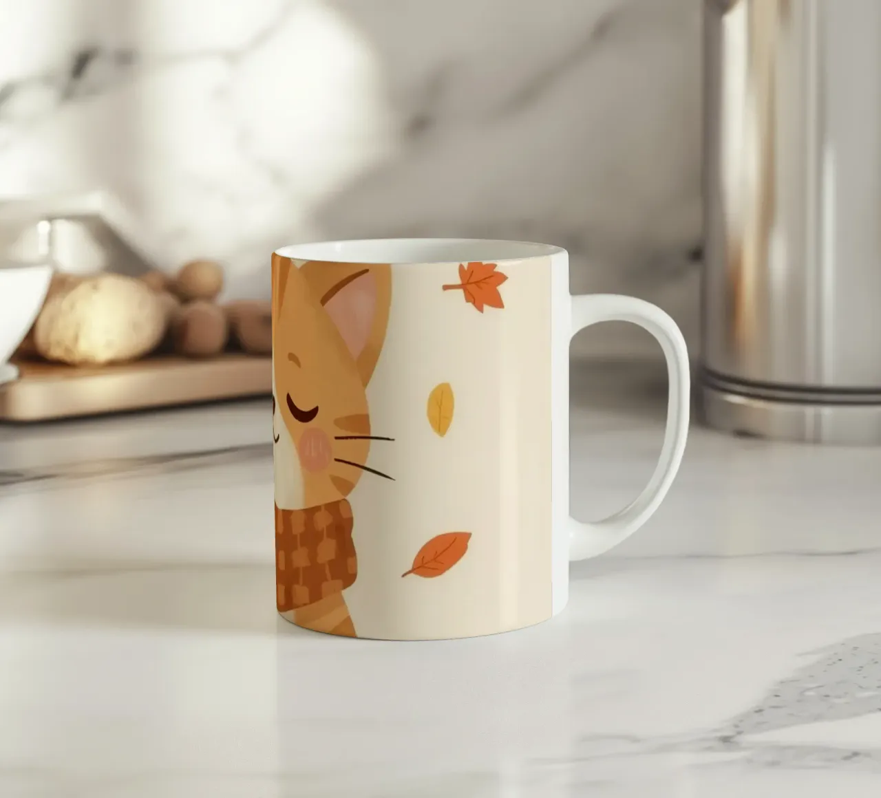 Gatto arancione con sciarpa e foglie d'autunno tazza in ceramica da DesignDoodle