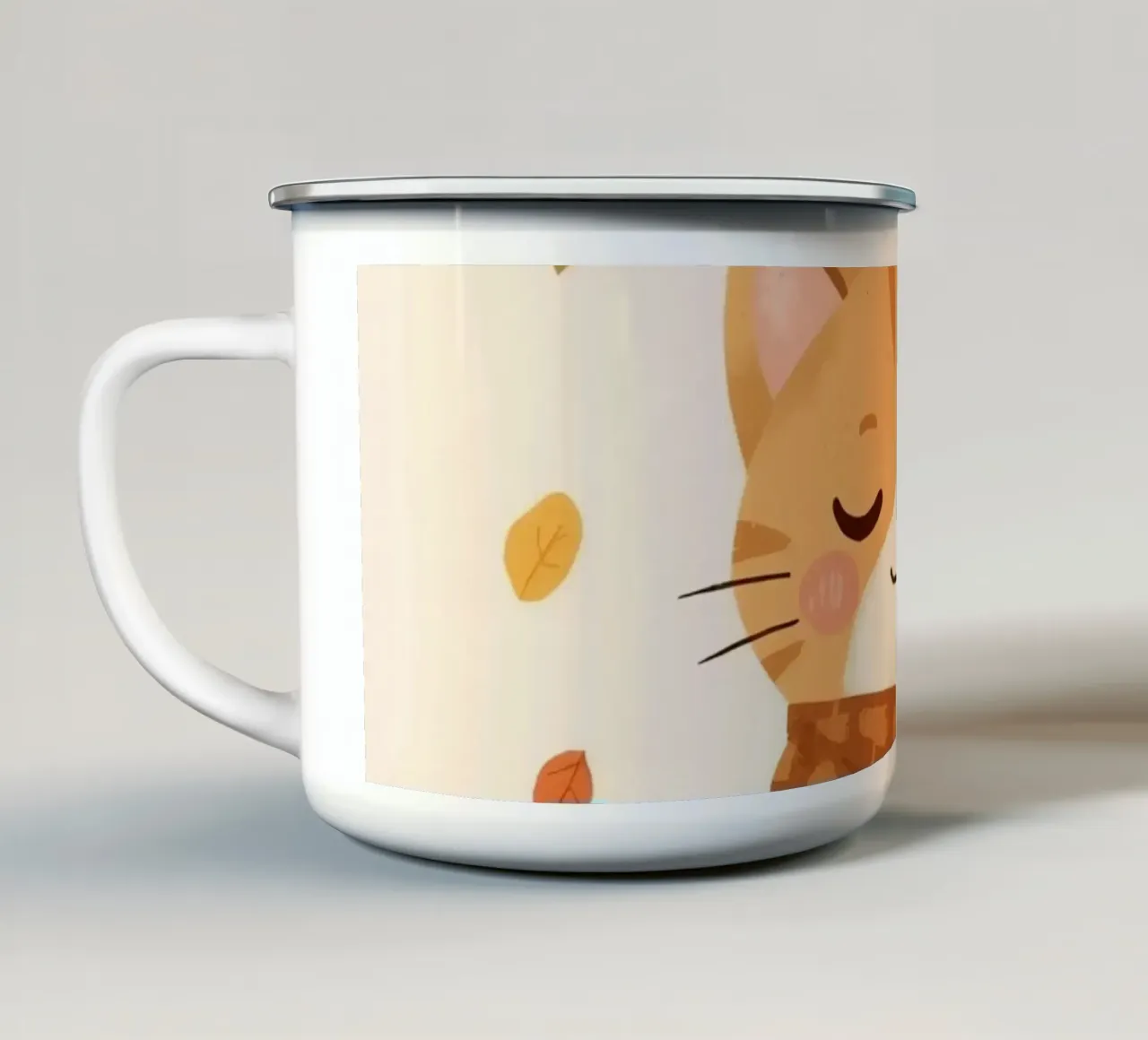 Gatto arancione con sciarpa e foglie d'autunno tazza in smalto da DesignDoodle