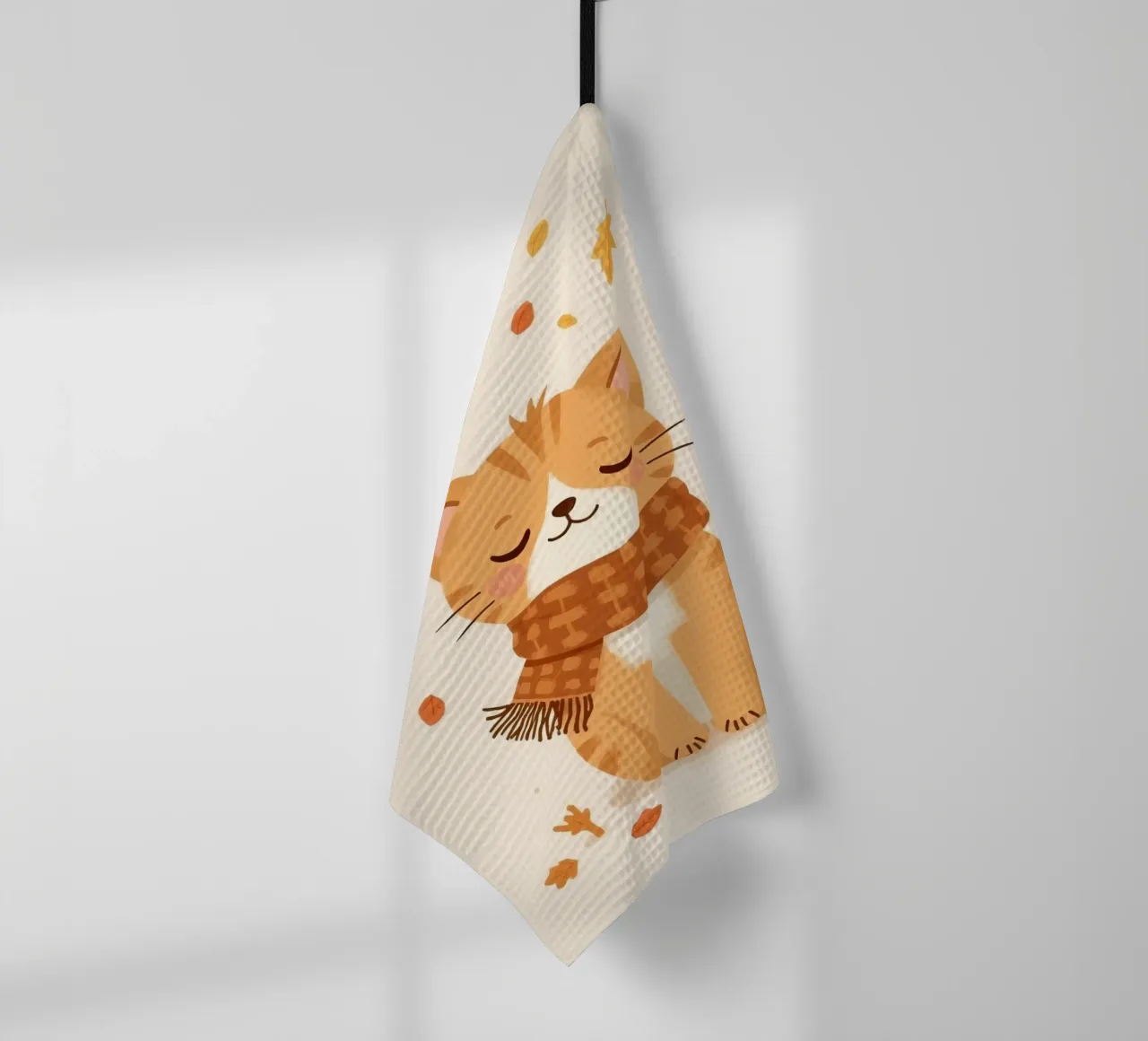 Chat orange portant une écharpe avec des feuilles d'automne torchon de DesignDoodle