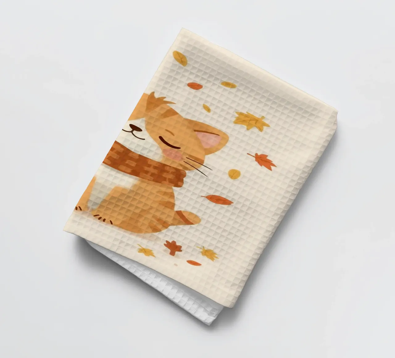 Chat orange portant une écharpe avec des feuilles d'automne torchon de DesignDoodle