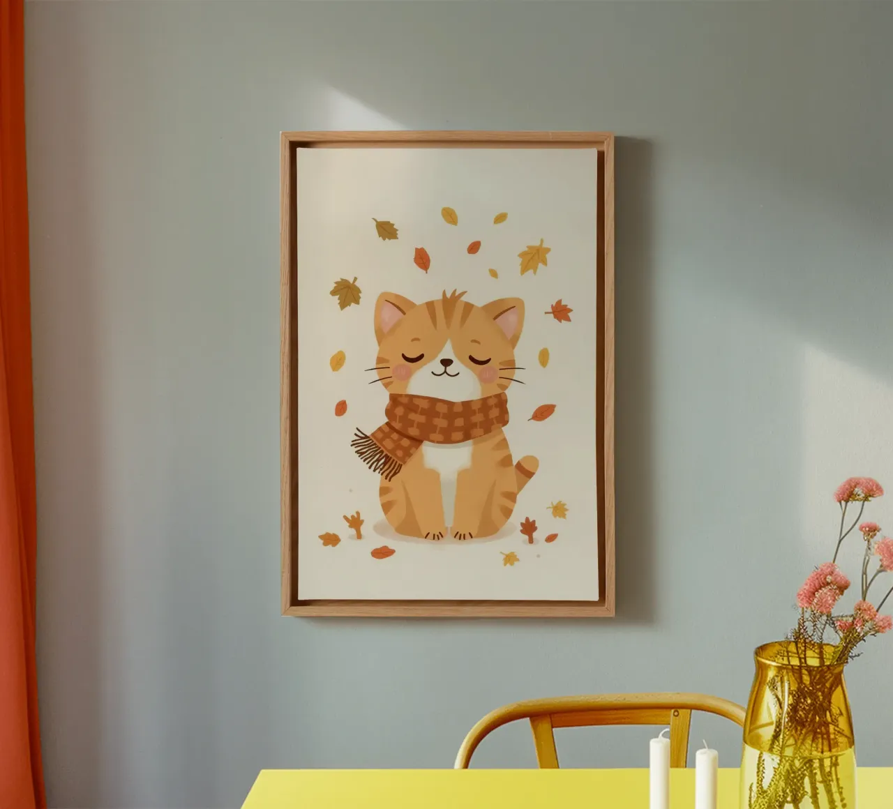 Gatto arancione con sciarpa e foglie d'autunno tela con Cornice a cassetta da DesignDoodle