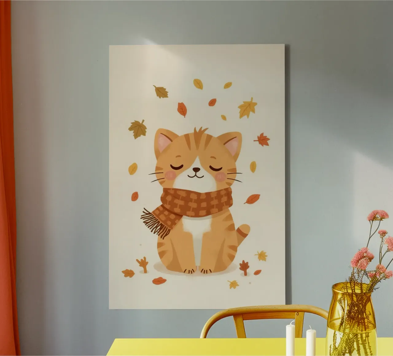 Gatto arancione con sciarpa e foglie d'autunno tela con Cornice a cassetta da DesignDoodle