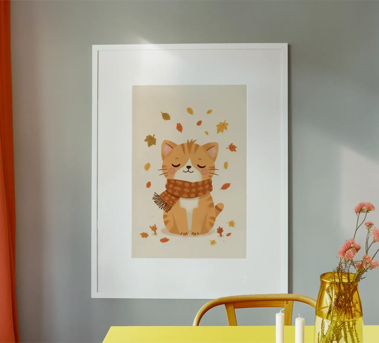 Gatto arancione con sciarpa e foglie d'autunno poster con telaio in legno da DesignDoodle