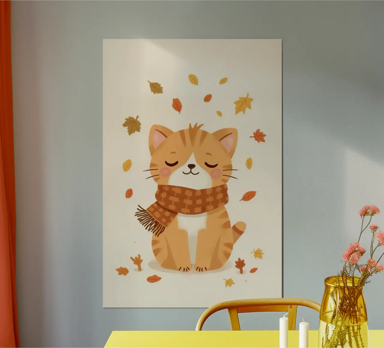 Gatto arancione con sciarpa e foglie d'autunno poster con telaio in legno da DesignDoodle