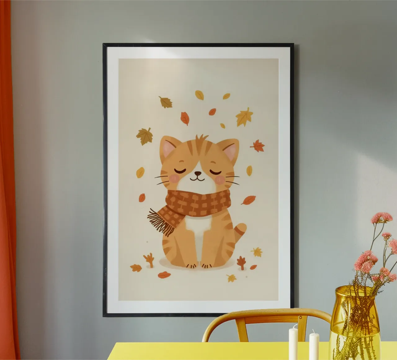 Gatto arancione con sciarpa e foglie d'autunno poster con telaio in legno da DesignDoodle